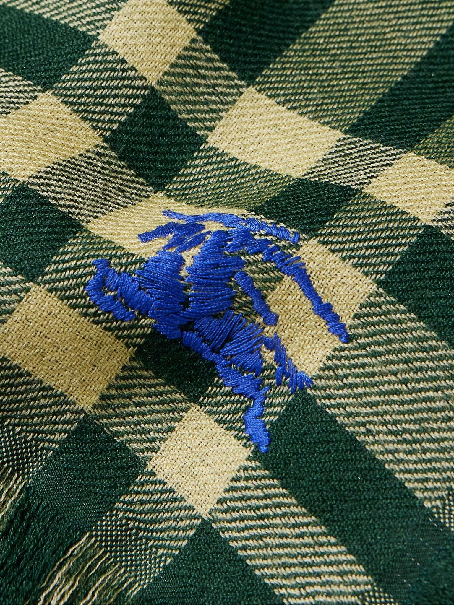 Fringed Logo-Embroidered Checked Wool-Blend Scarf - 3
