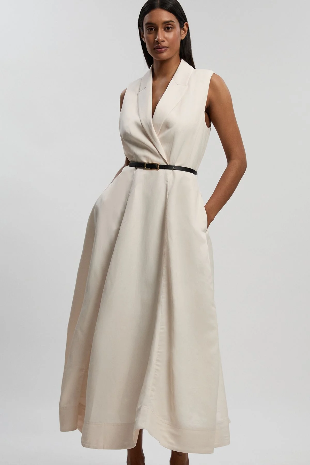 Petite Premium Viscose Linen Tailored Belted Full skirted Midi Dress - 1