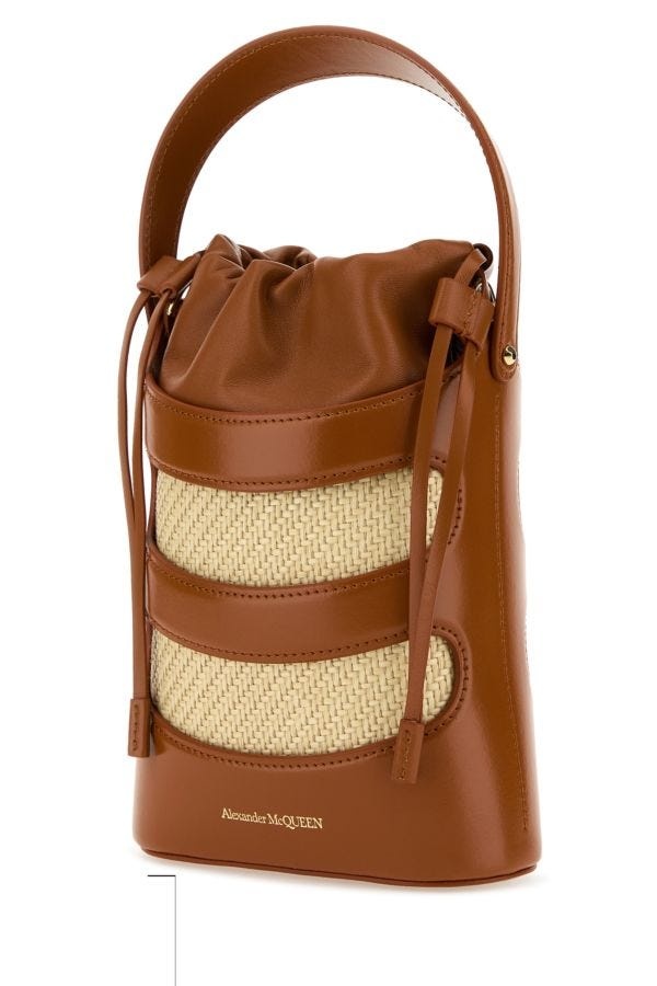 Alexander Mcqueen Woman Two-Tone Leather And Raffia Mini The Rise Bucket Bag - 2