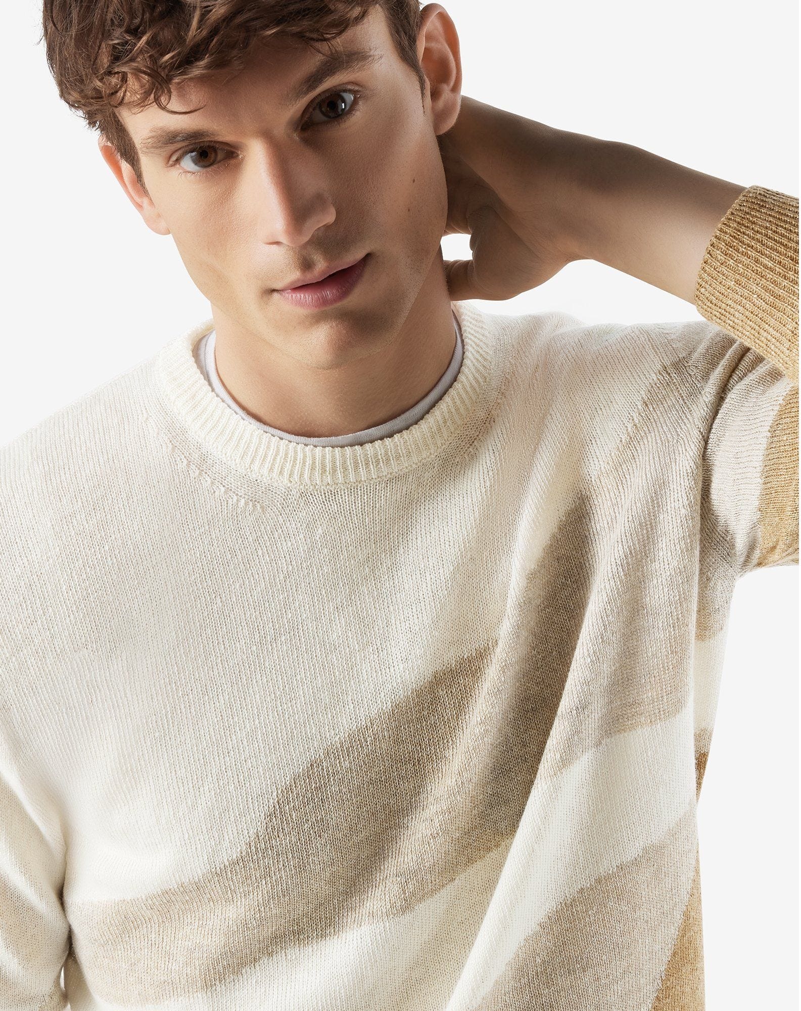 Sandy beige crew neck linen and silk knitwear - 5