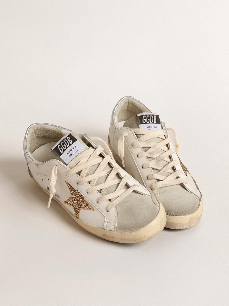 Golden Goose Super-Star with gold glitter star and ice-gray suede inserts outlook