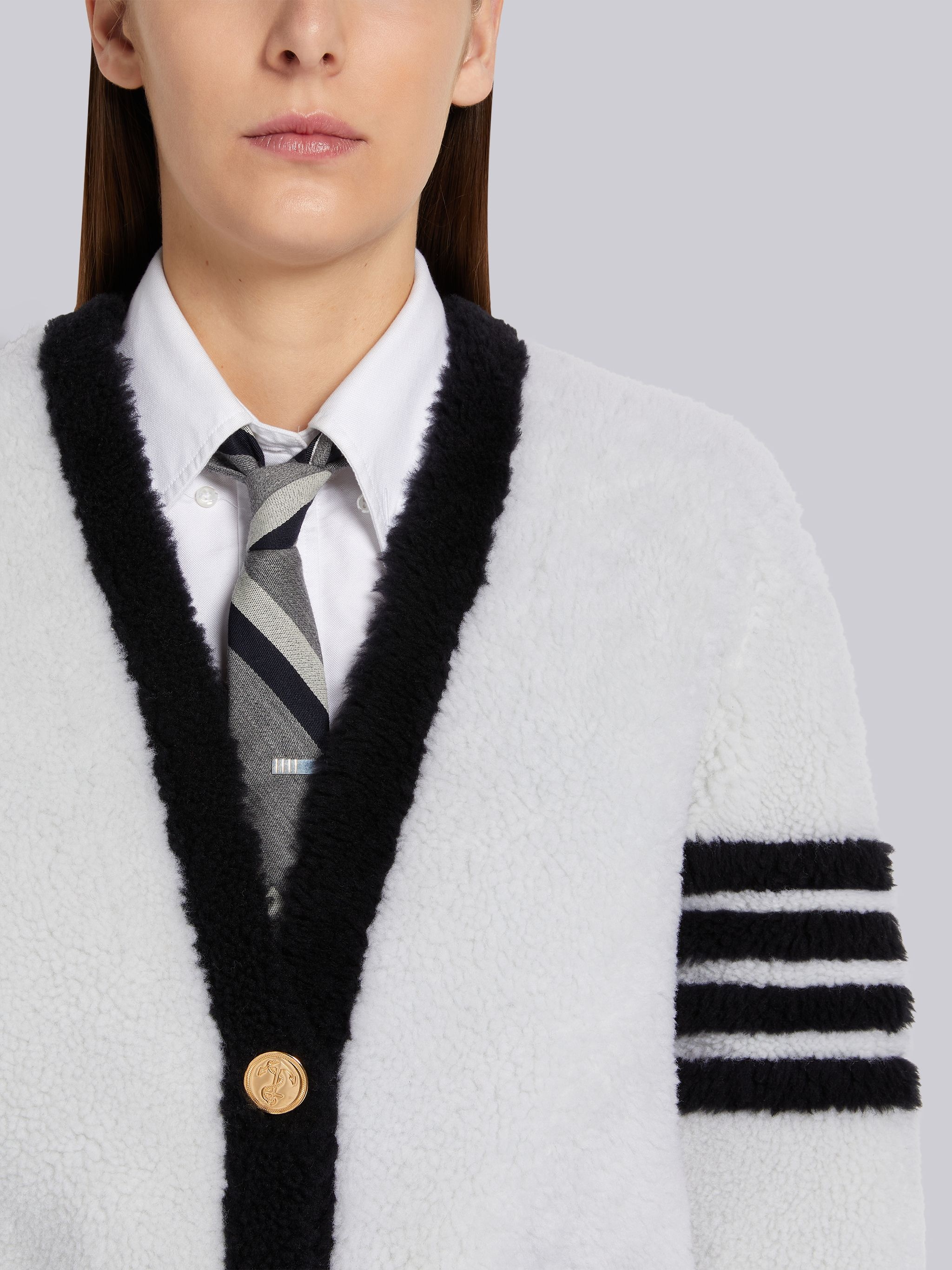 White Shearling Contrast 4-Bar V-Neck Cardigan Jacket - 5