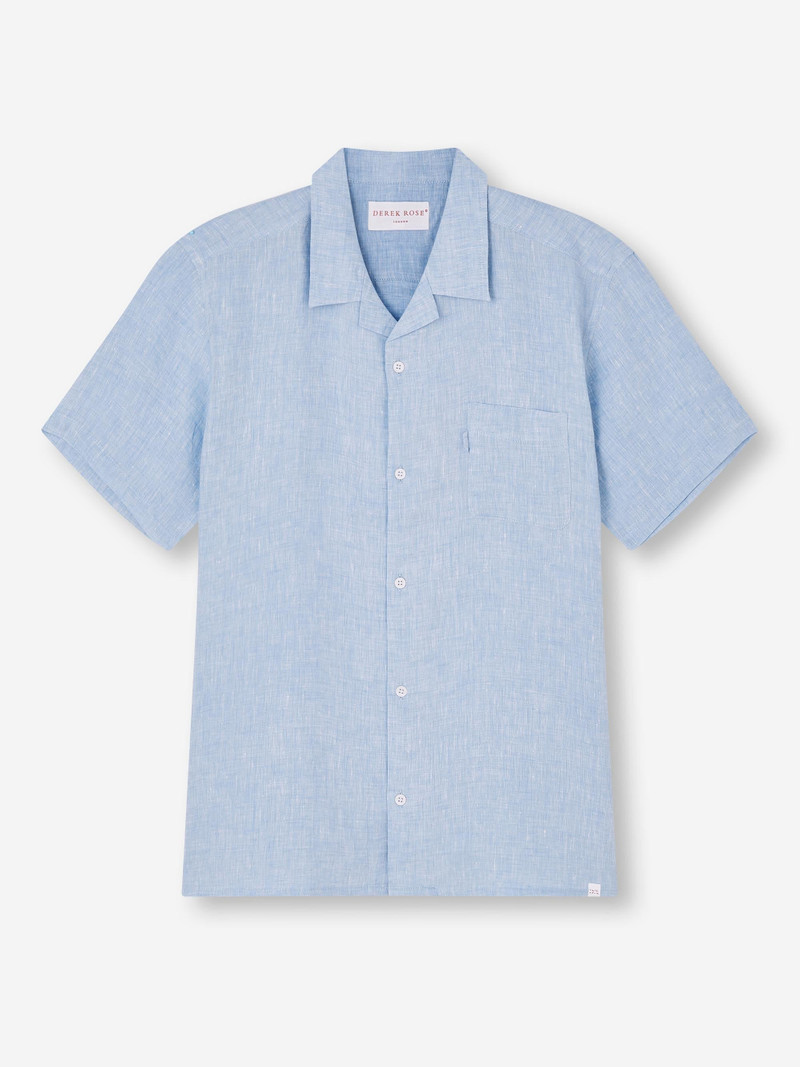 Derek Rose Men's Short Sleeve Shirt Monaco Linen Blue outlook