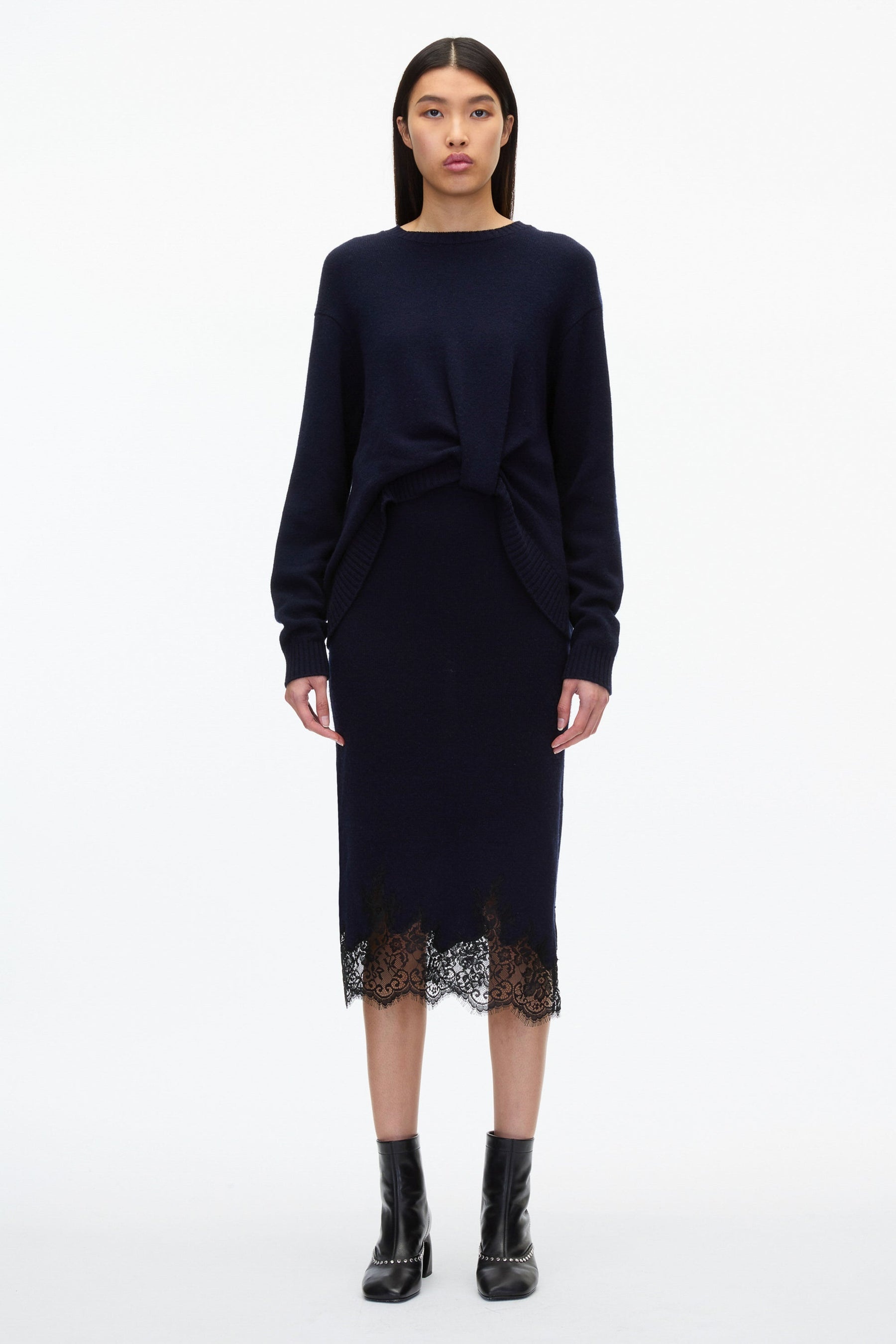French Tuck Knit Dress with Lace Trim - 2