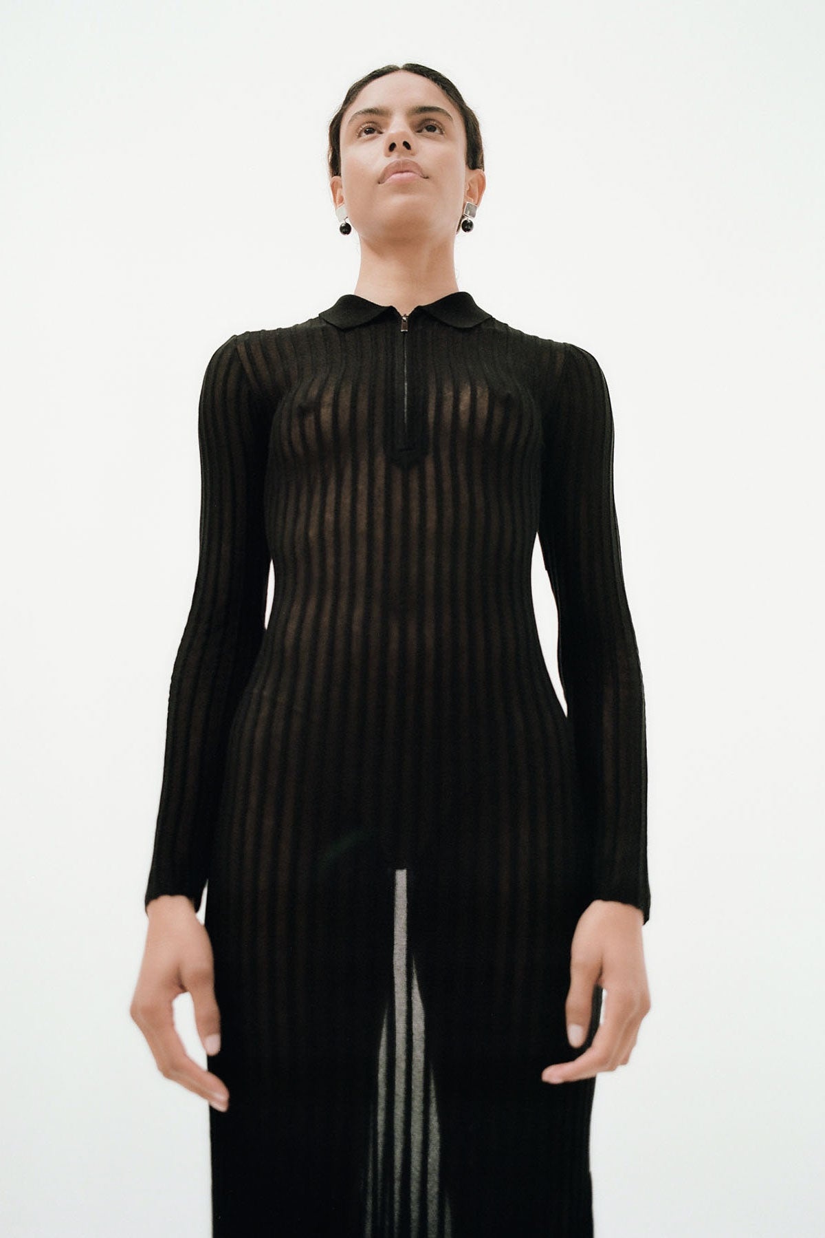 Sheer Stripe Dress - Black - 7