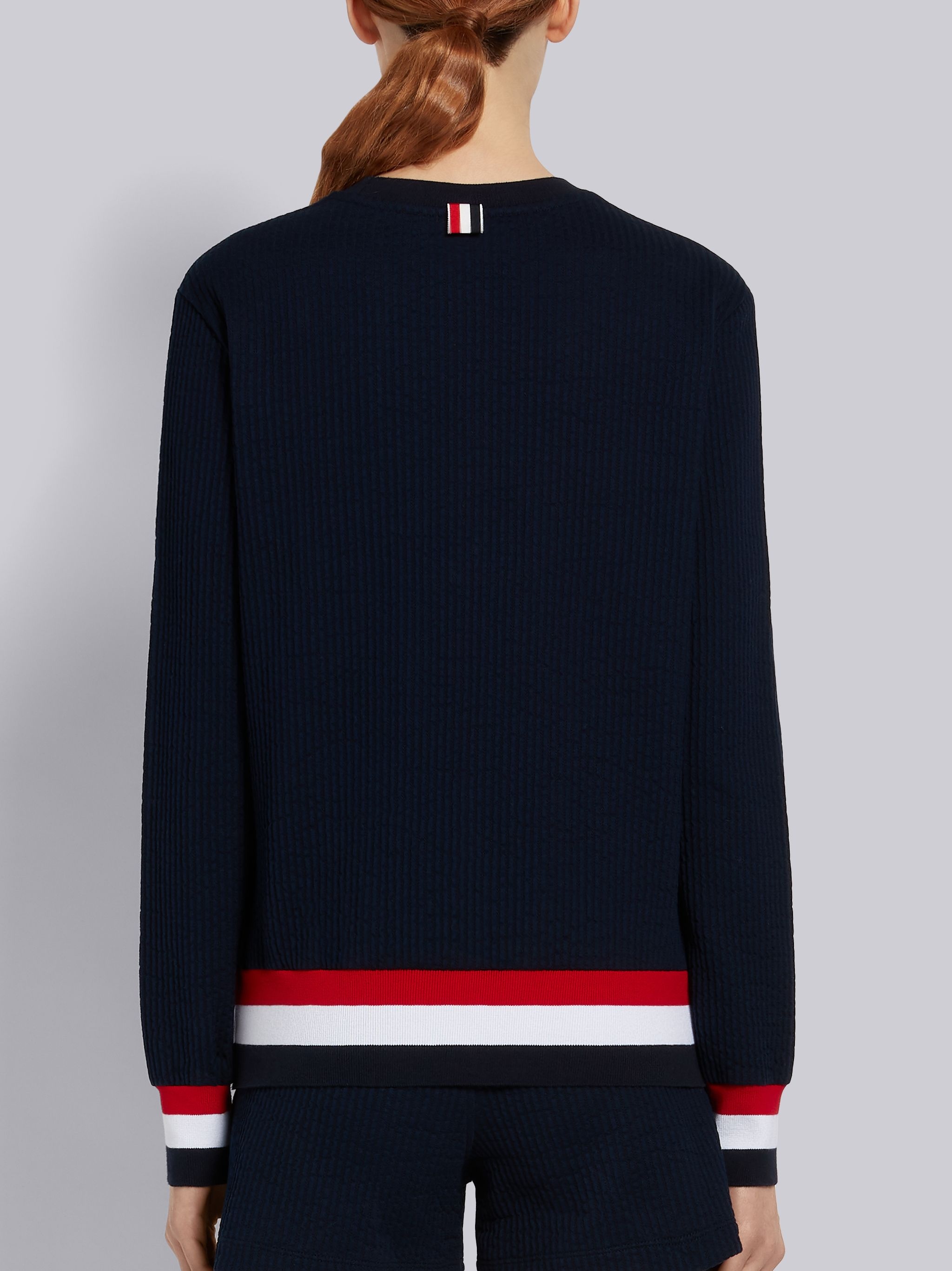 Navy Cotton Seersucker Tri-color Trim Crewneck Sweatshirt - 3