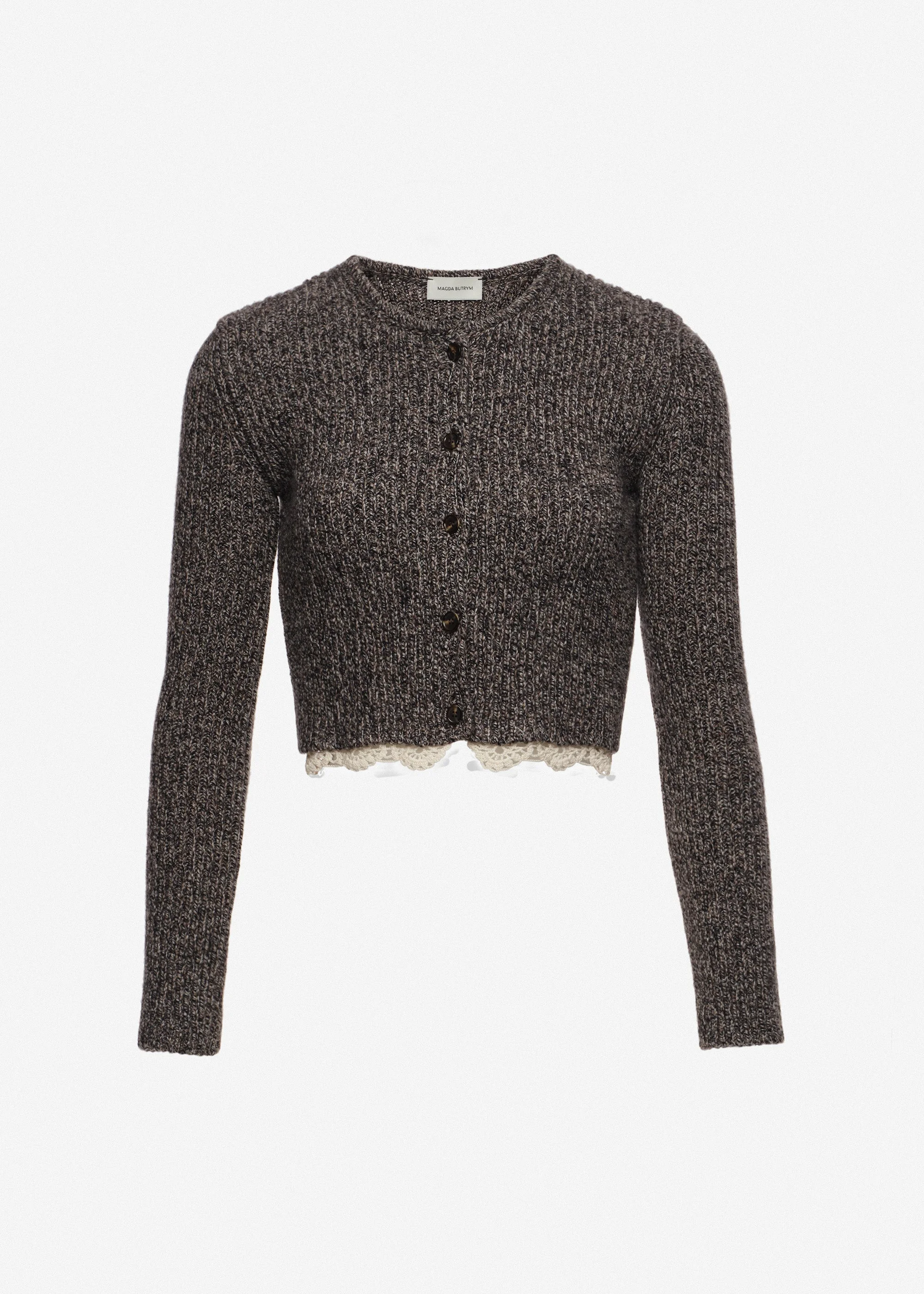 Long-sleeve crochet-trim cropped cardigan in black - 1