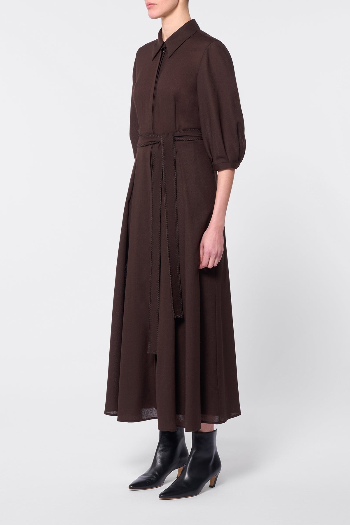 Andy Pleated Shirtdress in Chocolate Virgin Wool Gauze - 3