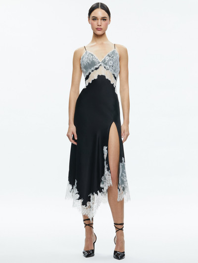 Alice + Olivia DAPHNE LACE ASYMMETRICAL SLIT MIDI DRESS outlook