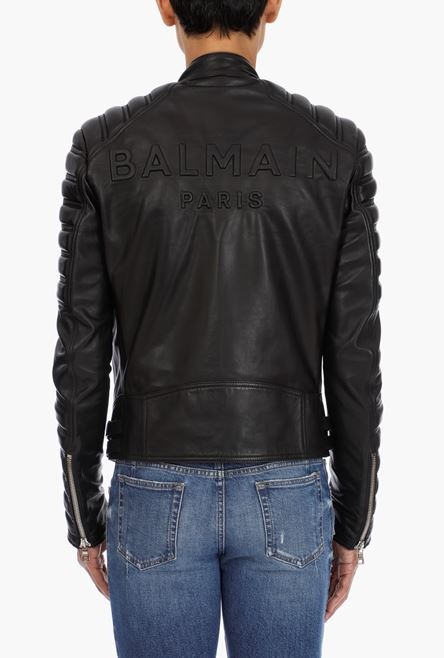 Black leather biker jacket with embossed Balmain logo - 4