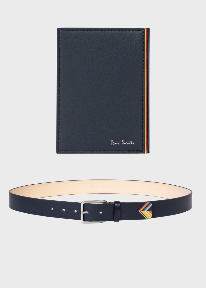'Signature Stripe' Trim Leather Card Holder & Belt Gift Set 1