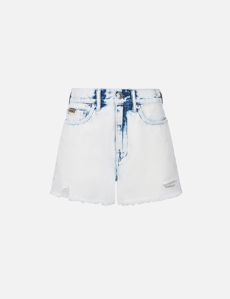 Bleach Washed Kamon 자수 정규적인 적합 Denim 반바지 - 1