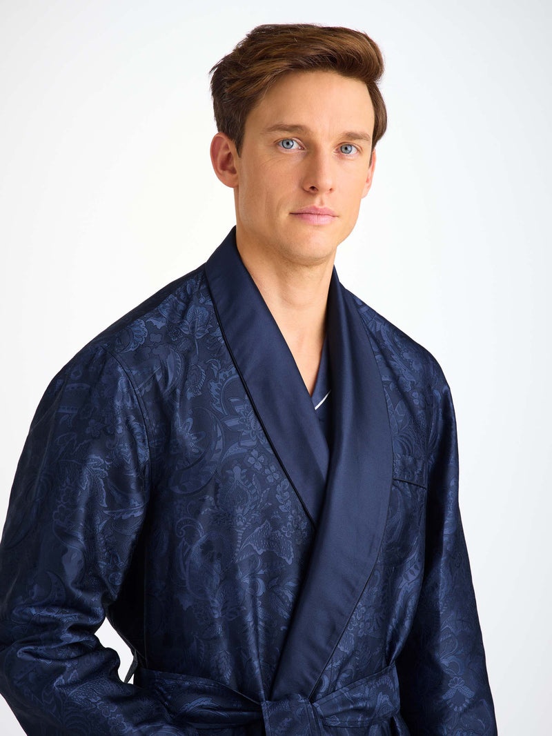 Men's Robe Silk Jacquard Navy Jungle Paisley Pattern - 5