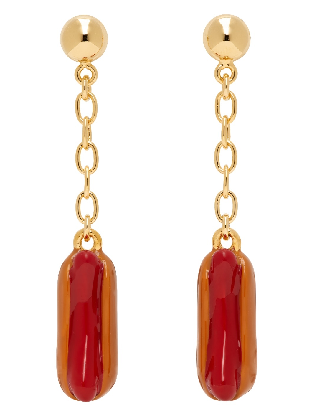 Gold & Orange Enameled Hot Dog Earrings - 1