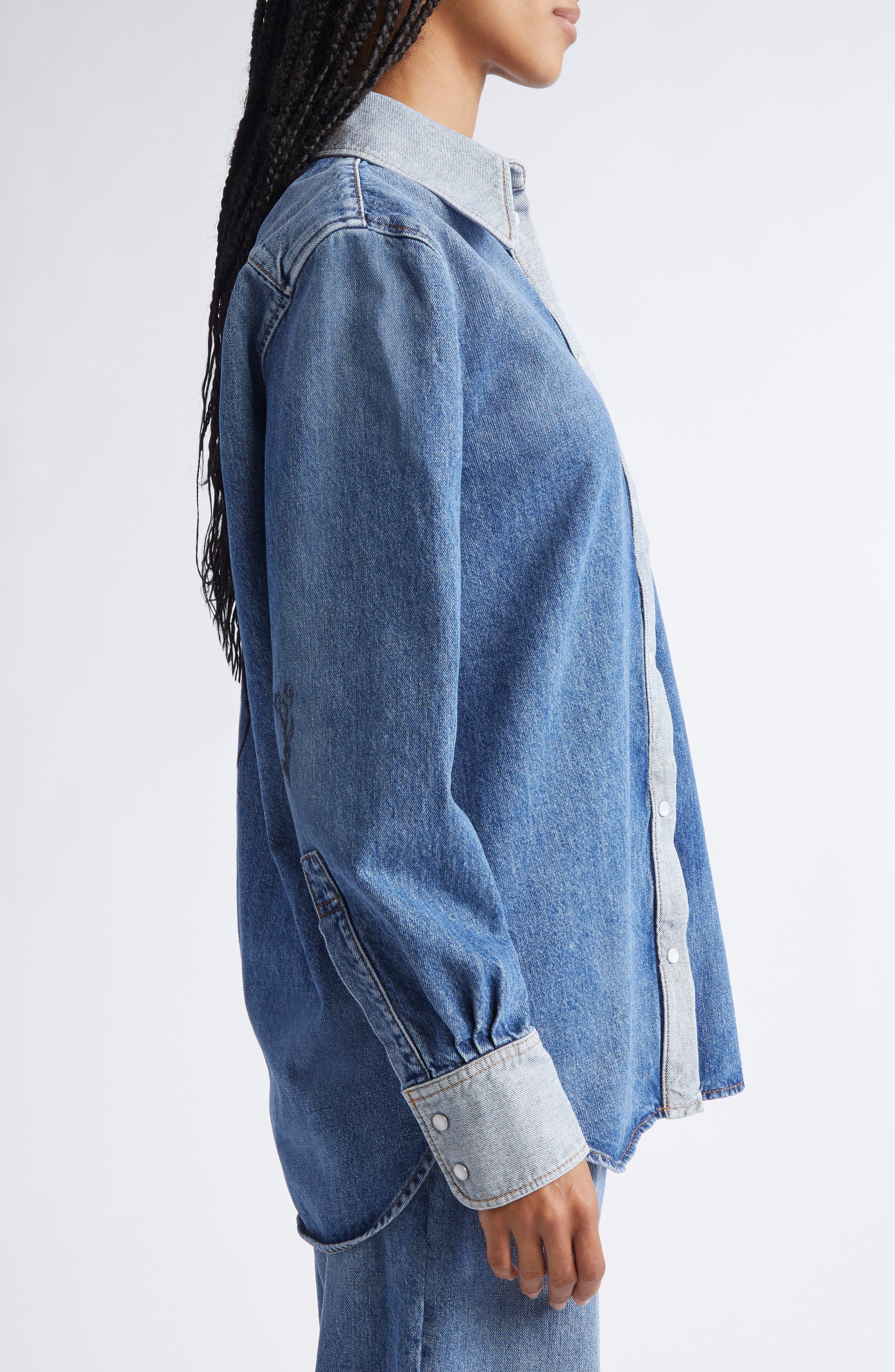 Marni Embroidered Denim Pearl Snap Shirt in 00B52 Azure at Nordstrom - 3