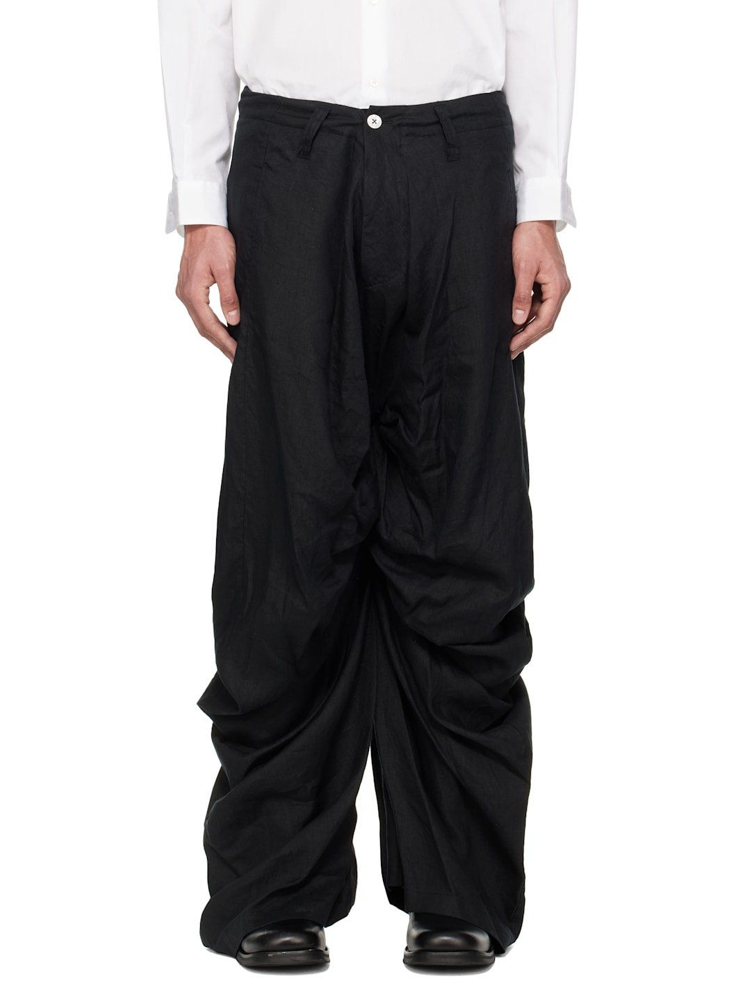 Black Draped Linen Trousers - 1