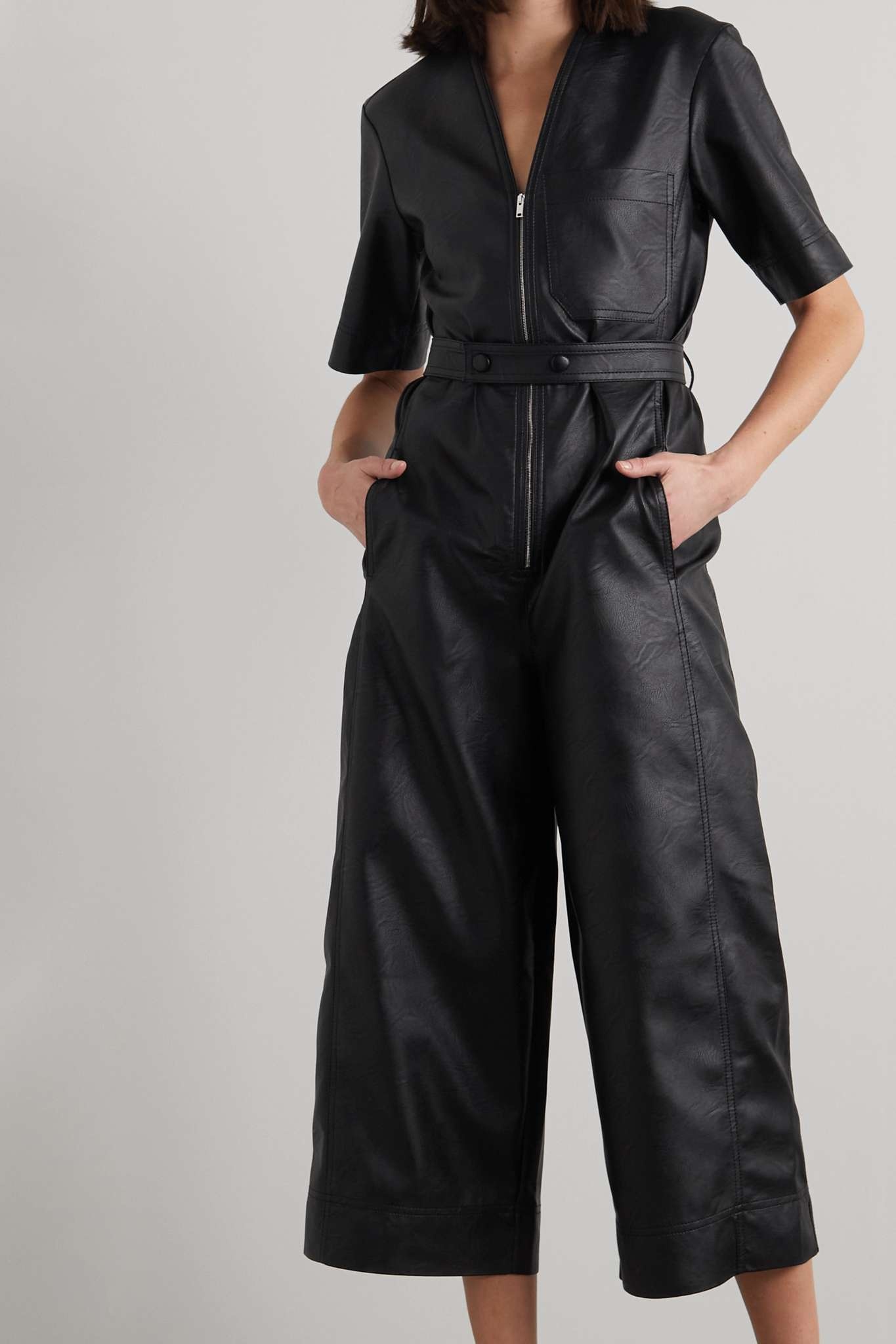 Cropped belted vegetarian leather jumpsuit - 3