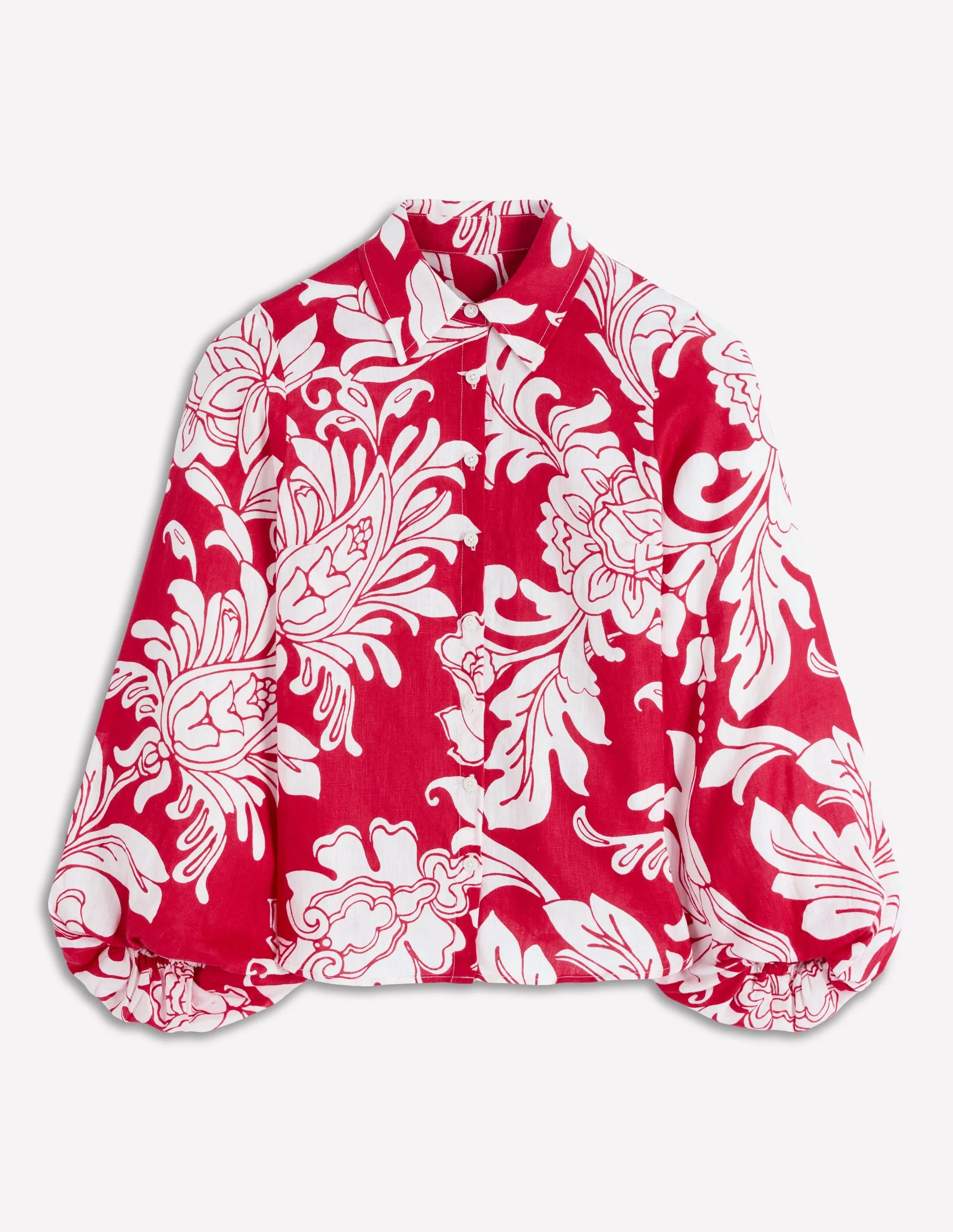 Puff Sleeve Linen Shirt-Merida Red, Botanical Flourish - 1