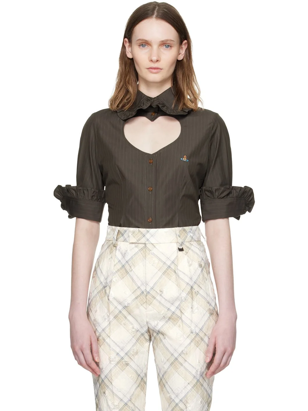 Brown Pinstripe Shirting S/S Toulouse Frill Shirt - 1