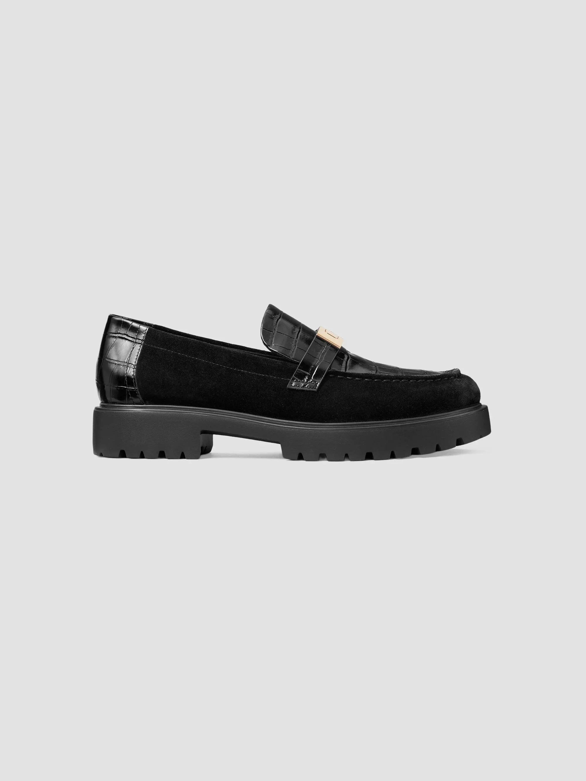 Women's Leelee Croc-Embossed Leather Loafers - Black Gold - 1