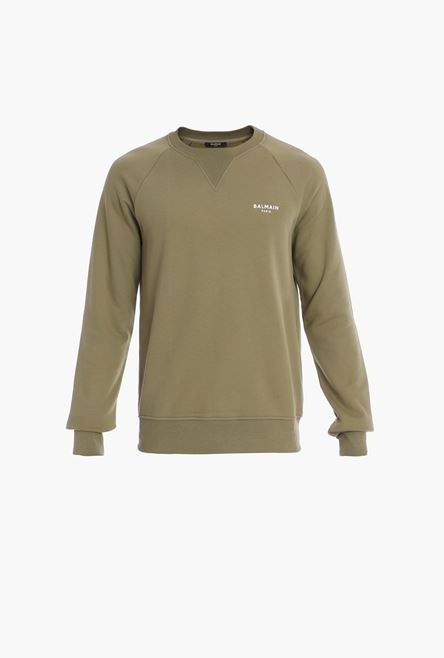 Olive sustainable cotton sweatshirt with small white velvet Balmain Paris logo - 1