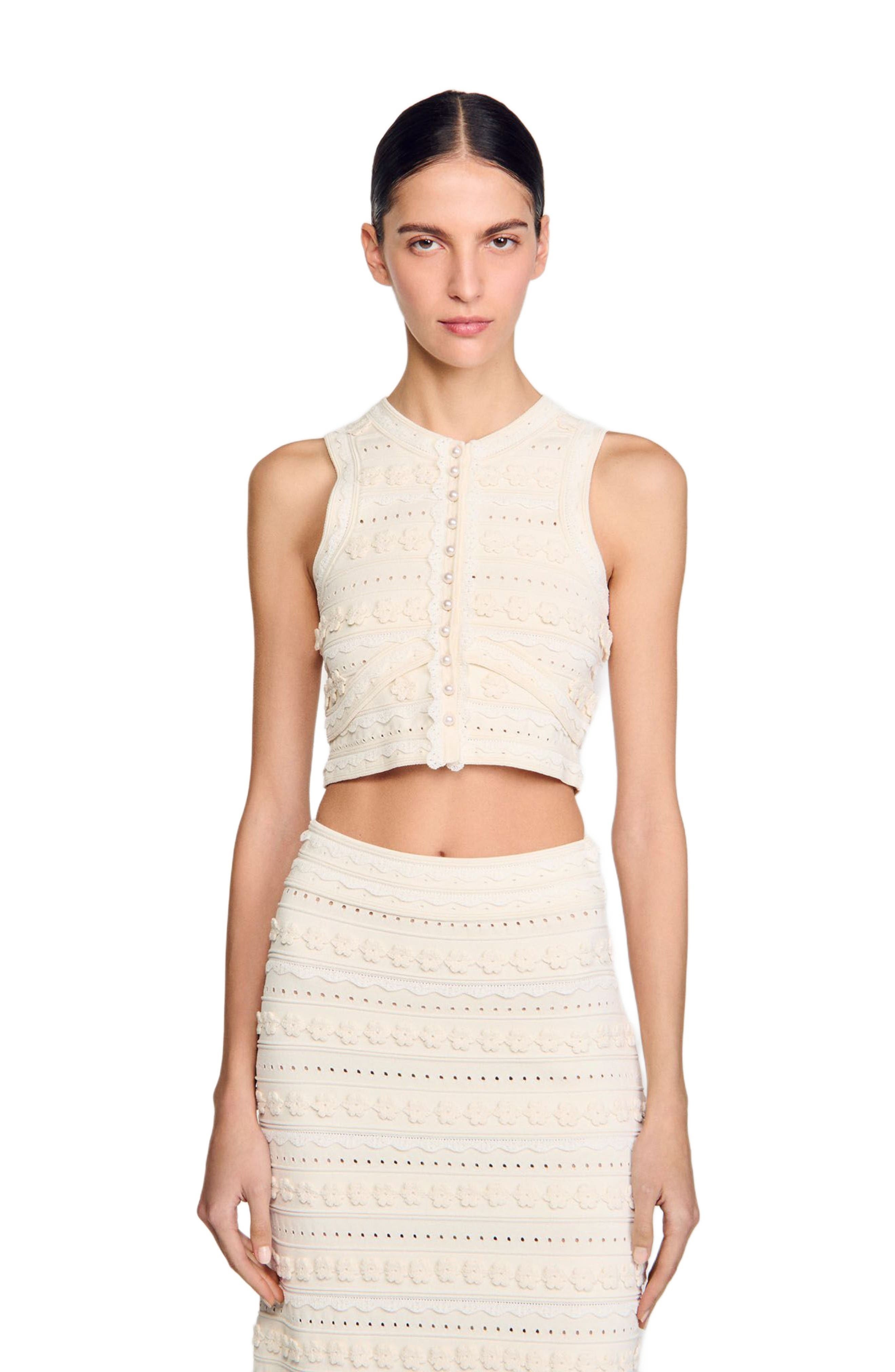 SANDRO Crochet detail sweater in Ecru at Nordstrom - 3