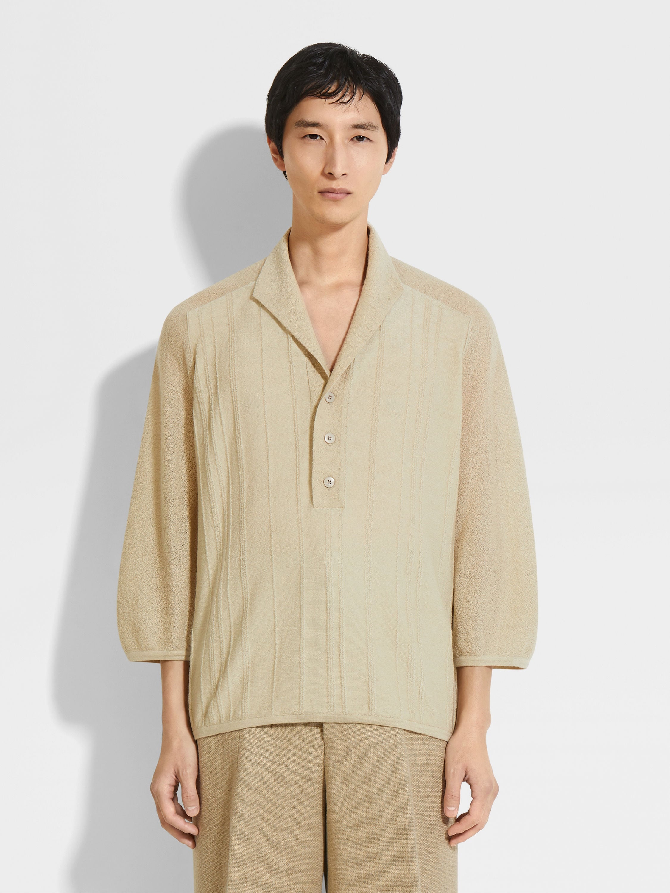 LIGHT BEIGE WOOL BLEND POLO SHIRT - 4