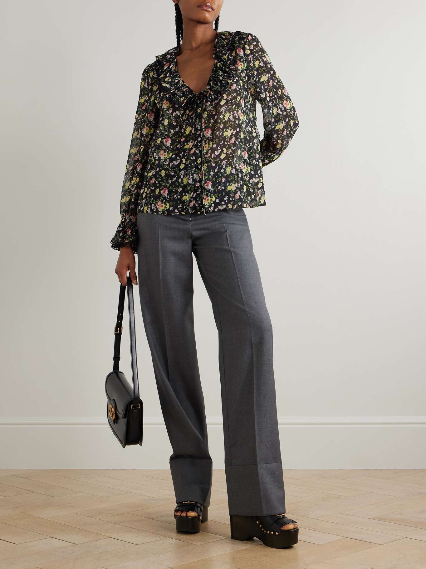 Ruffled printed silk-chiffon blouse Black - 2