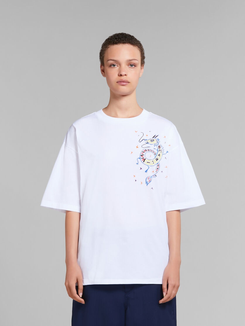 WHITE ORGANIC JERSEY T-SHIRT WITH DRAGON PRINT - 2