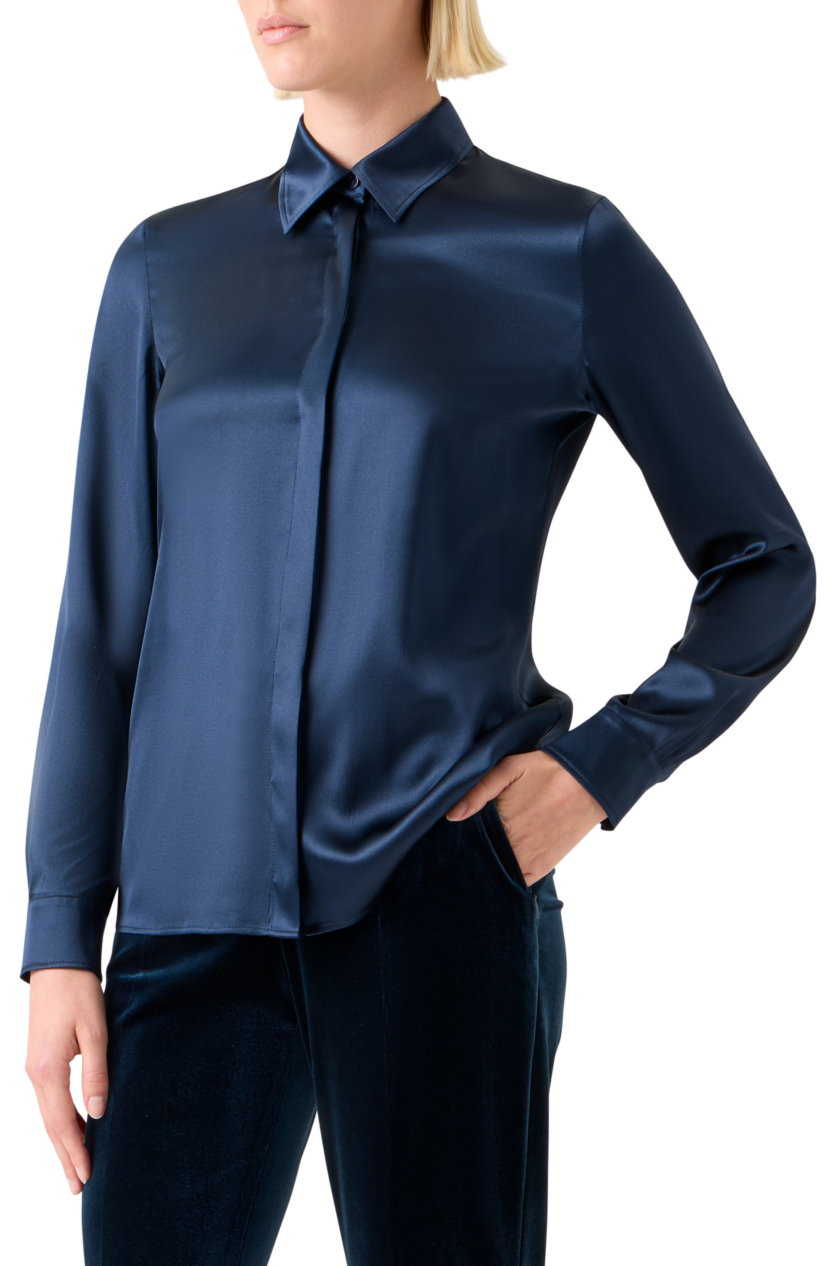 Akris Stretch Silk Satin Button-Up Shirt in Denim Blue at Nordstrom - 3