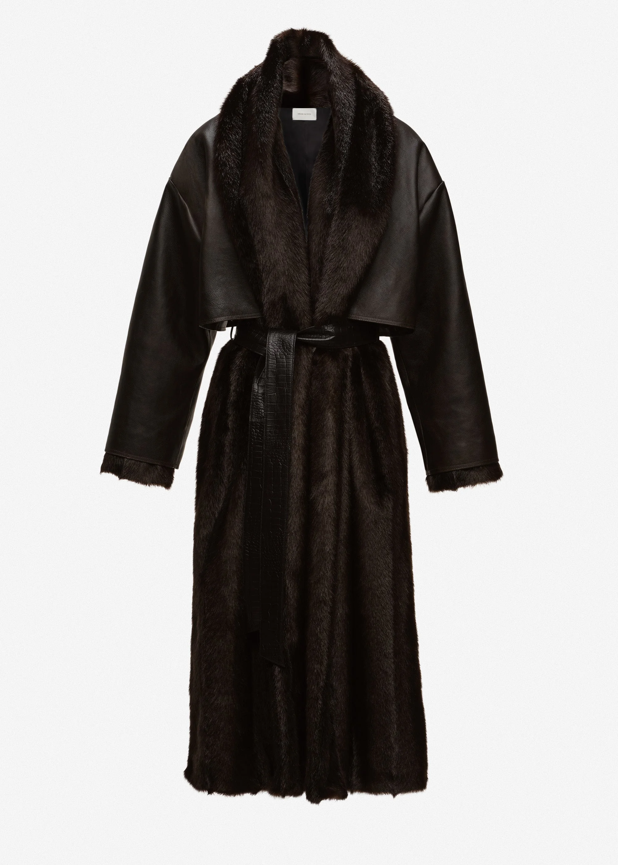 Faux fur coat with leather cape in dark brown - 1