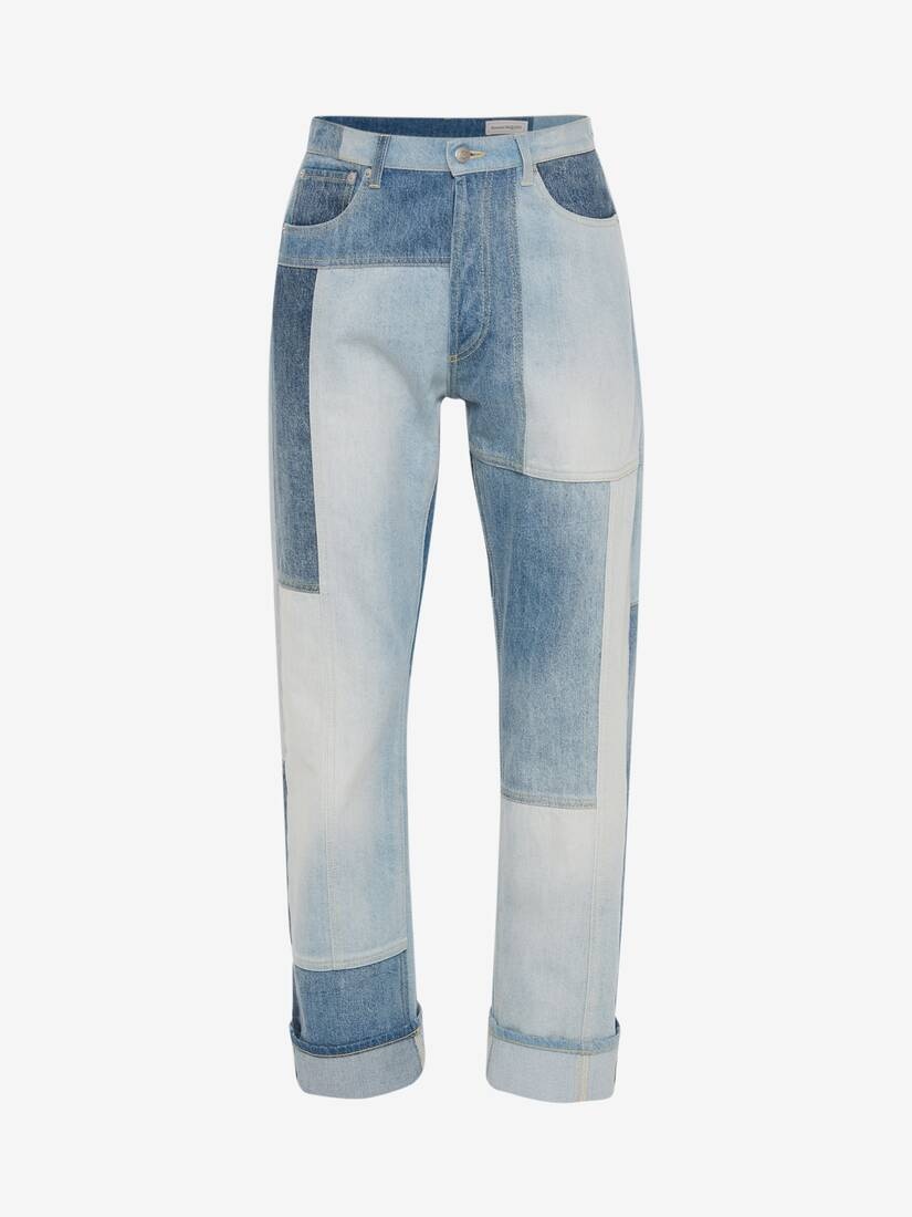 Men's Patchwork Wide-leg Jeans in Washed Blue - 1