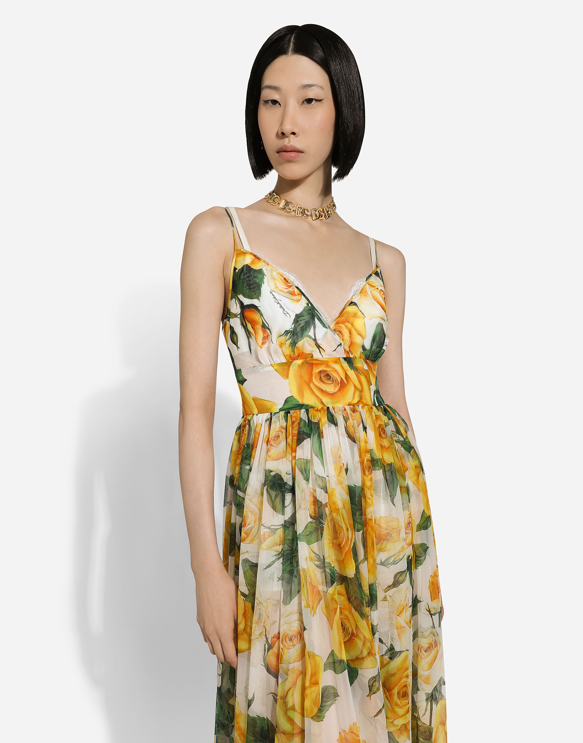 Long silk chiffon dress with yellow rose print - 4