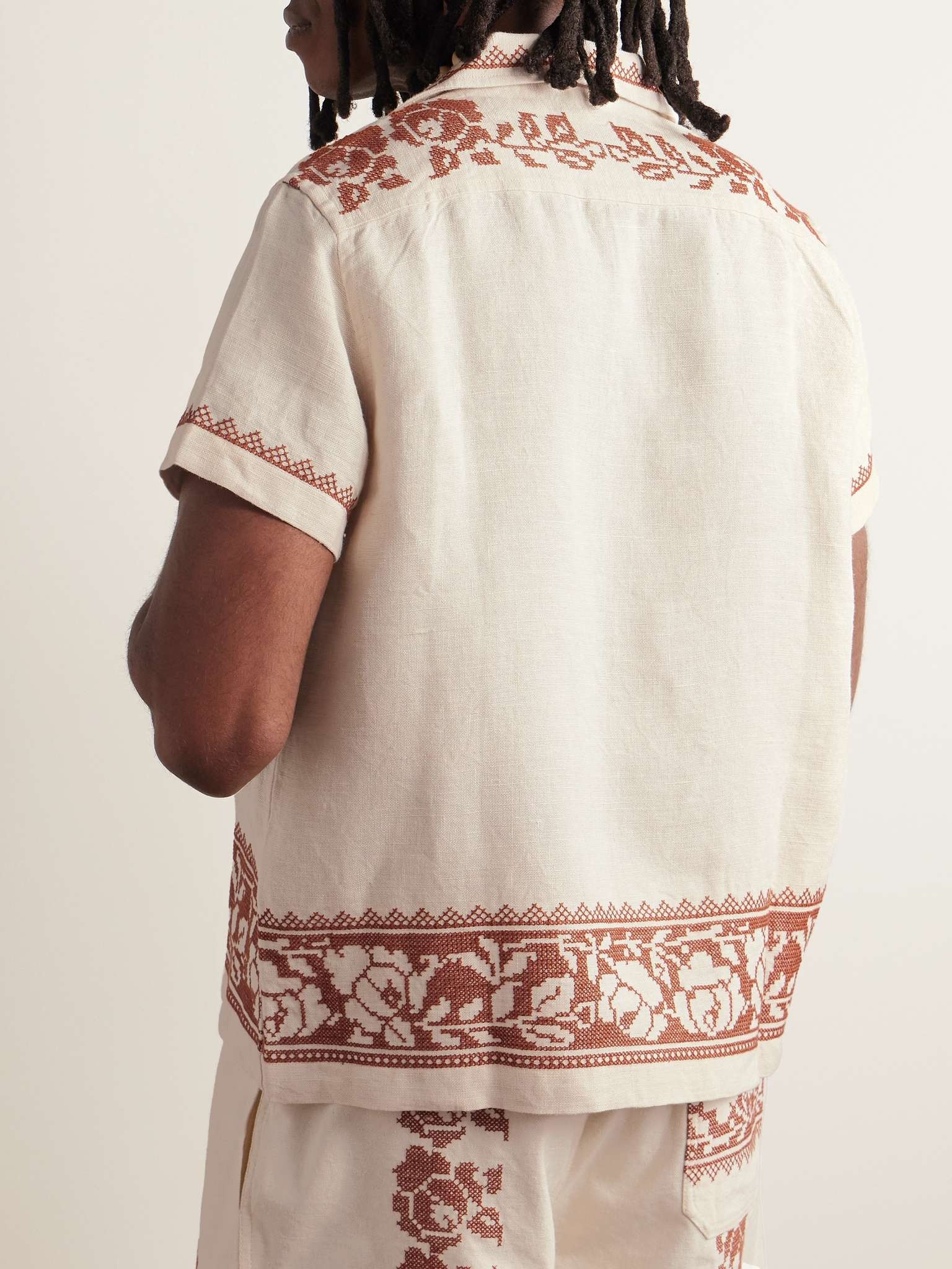 Rose Garland Camp-Collar Cross-Stitched Linen Shirt - 3