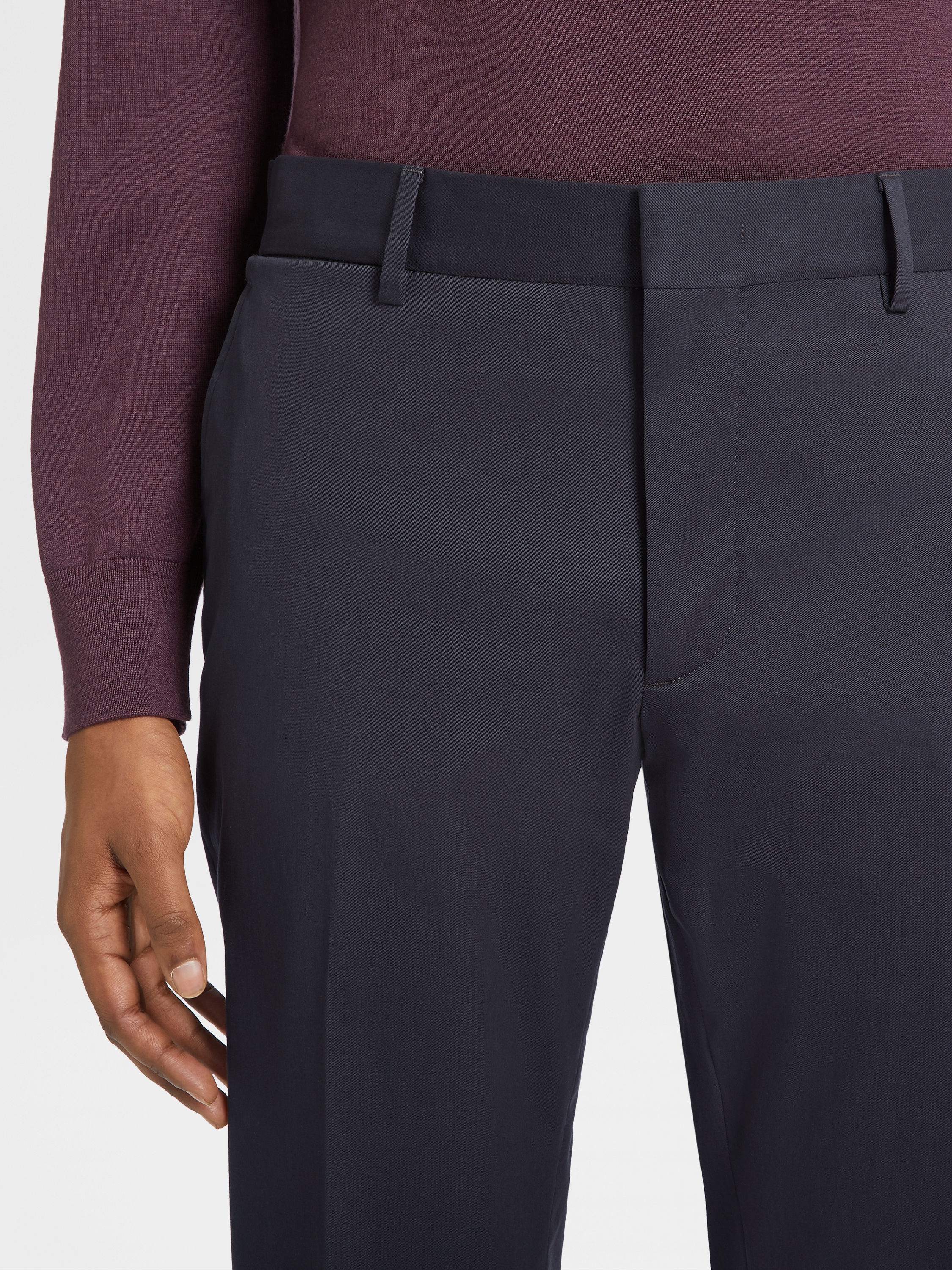 NAVY BLUE STRETCH COTTON PANTS - 4