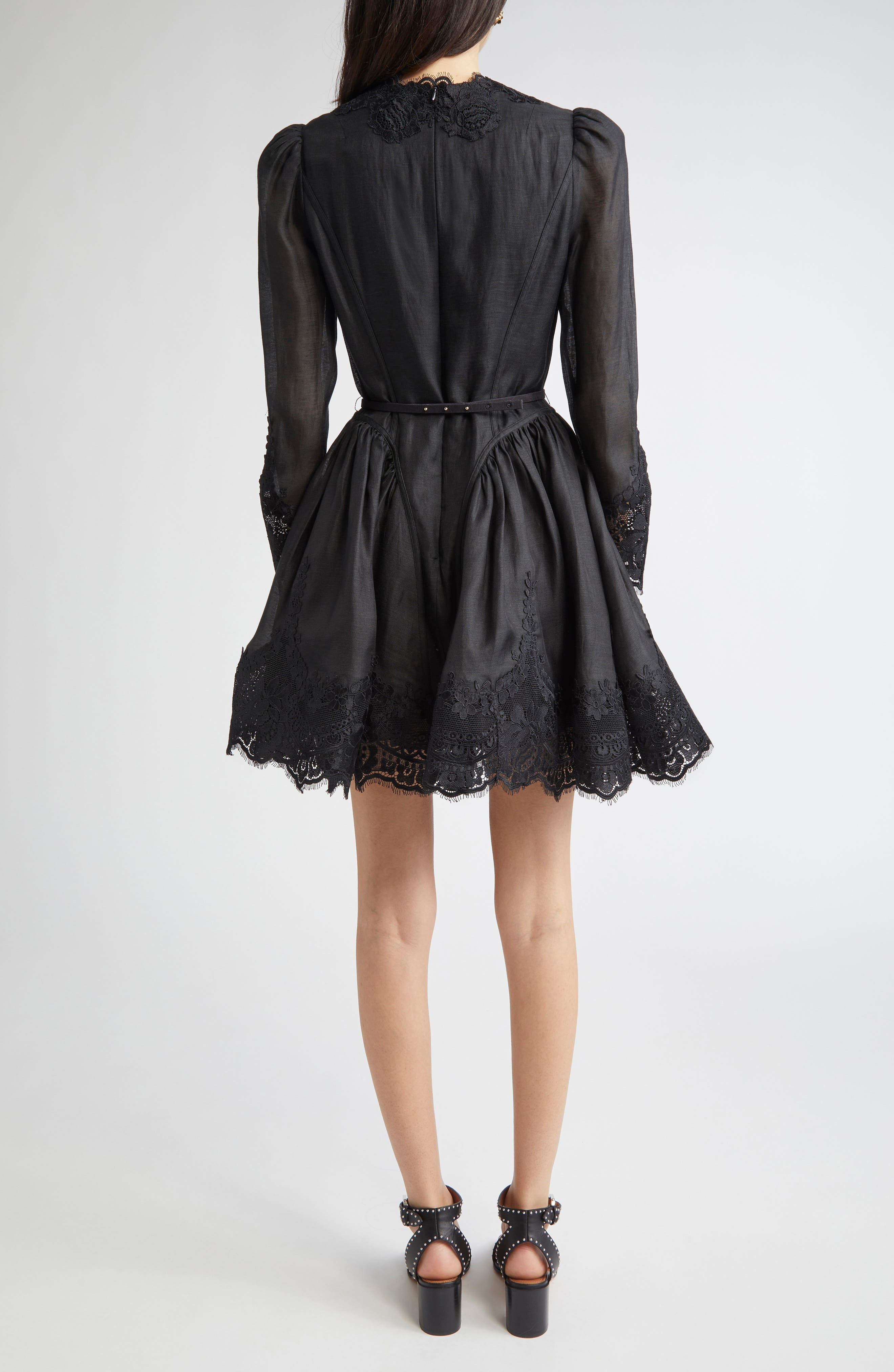 Zimmermann Hypnotic Lace Trim Long Sleeve Belted Linen & Silk Minidress in Black at Nordstrom - 2