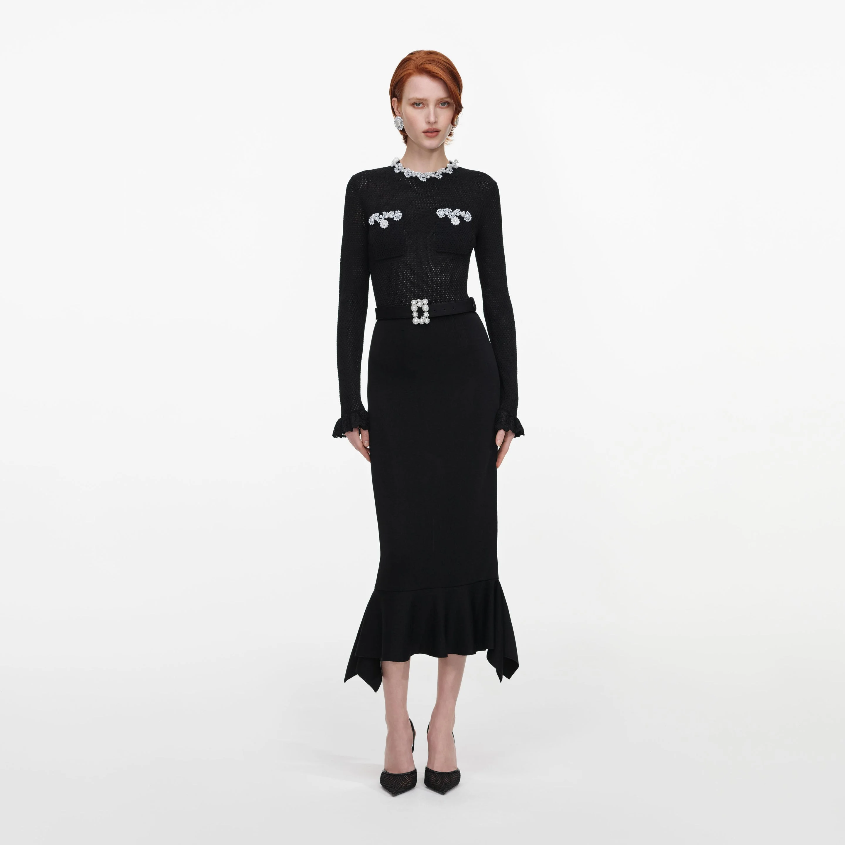 Black Pearl Trim Knit Midi Dress - 1