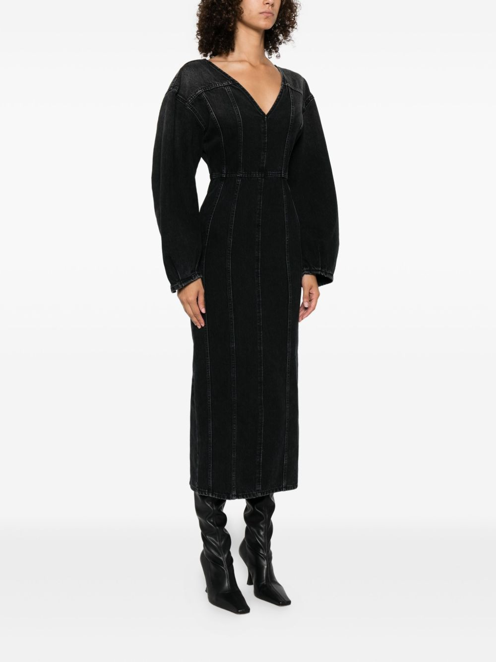 V-neck puff-sleeve midi dress - 3