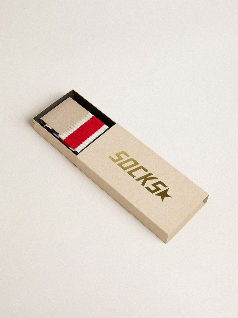 Golden Goose Worn-white socks with distressed details and black and red stripes outlook