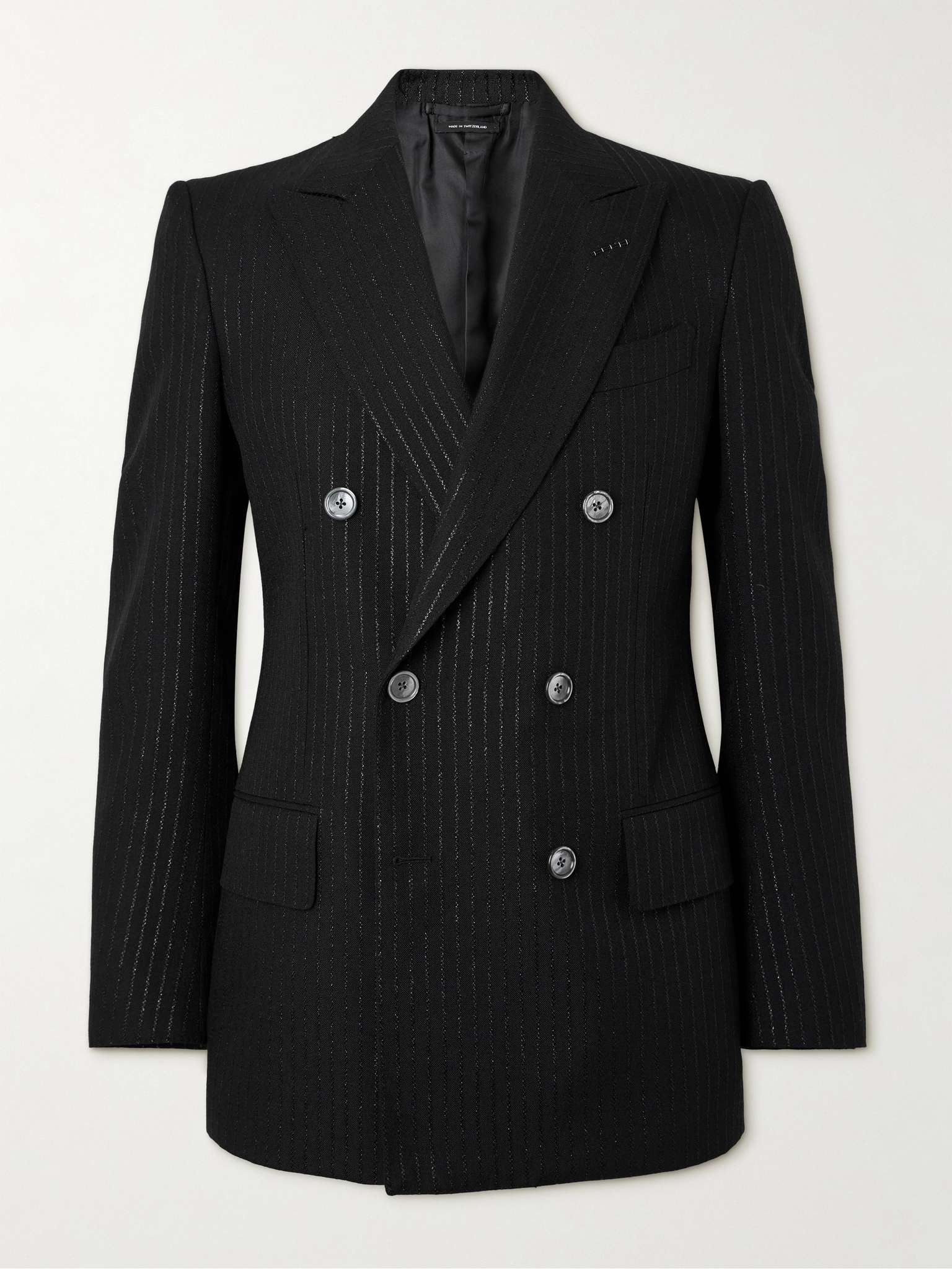 Double-Breasted Striped Metallic Woven Tuxedo Jacket - 1