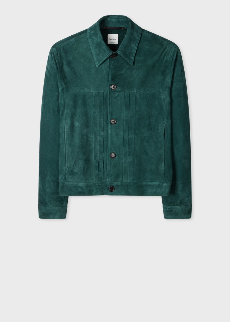 Dark Teal Suede Pleated Trucker Jacket 1