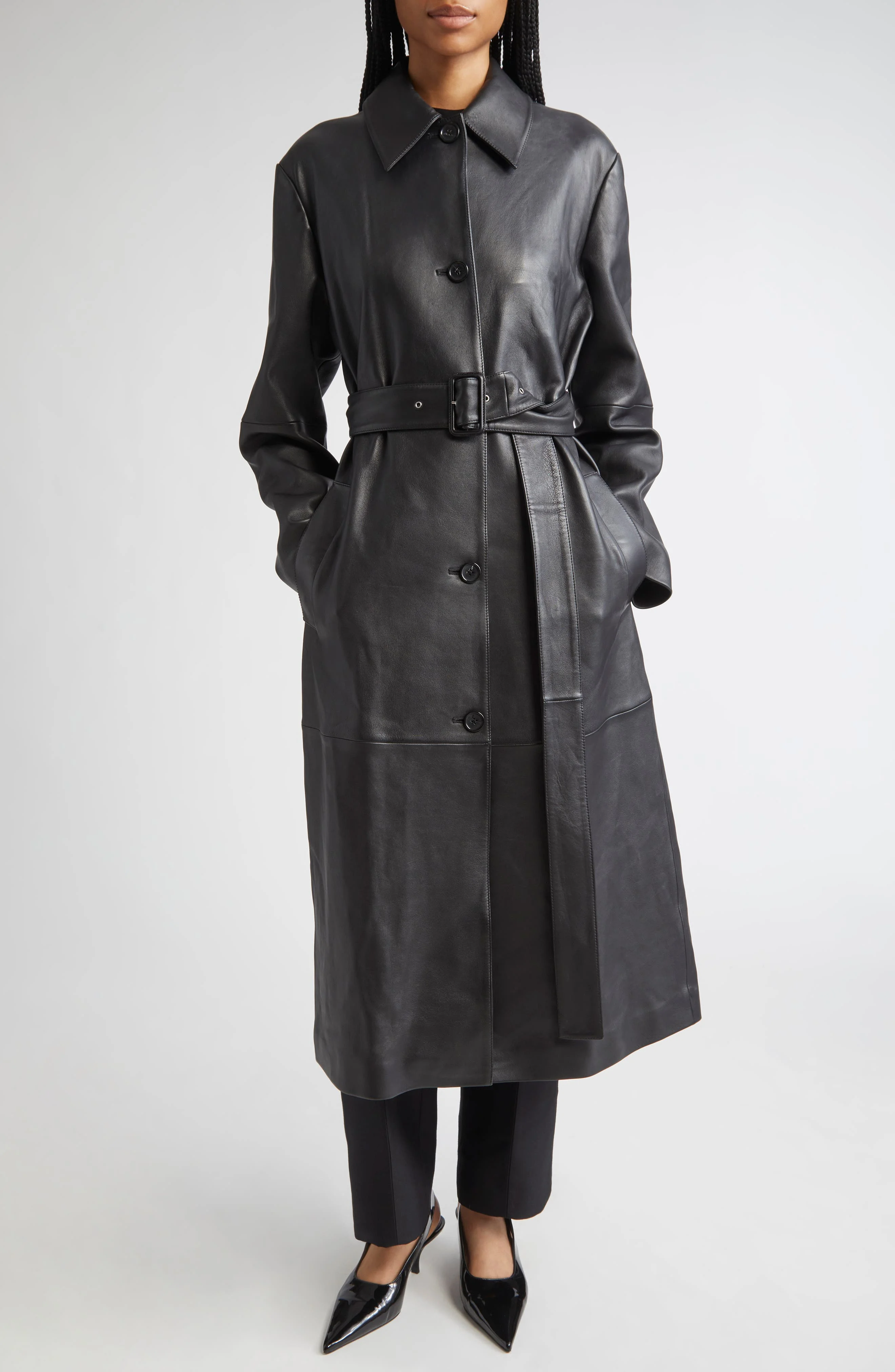 TOTEME Oversize Belted Leather Coat in Black at Nordstrom - 1