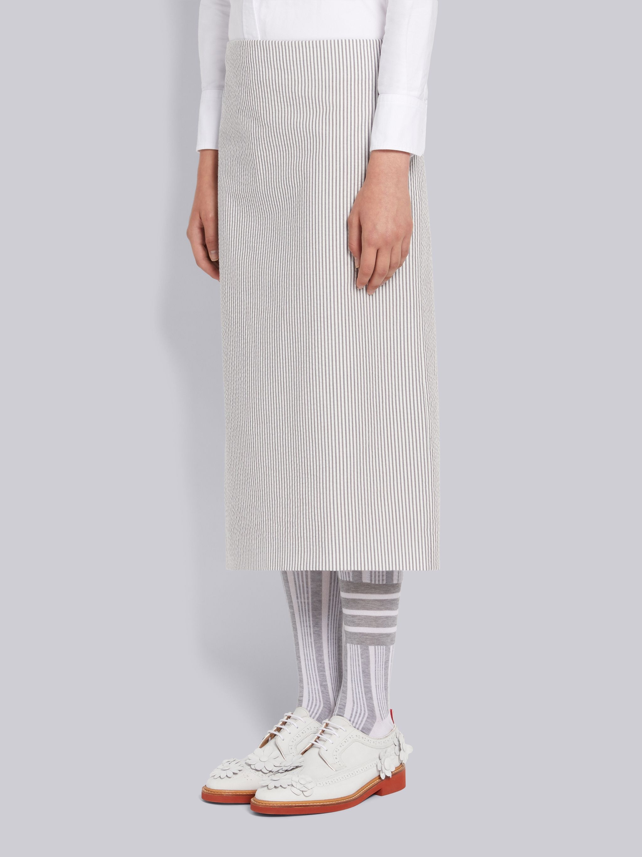 Medium Grey Cotton Seersucker Low Rise Mid Calf Pencil Skirt - 2