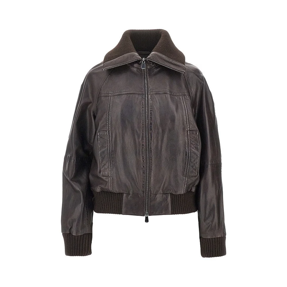 Pinko Washed Leather Bomber Jacket Brown - 1
