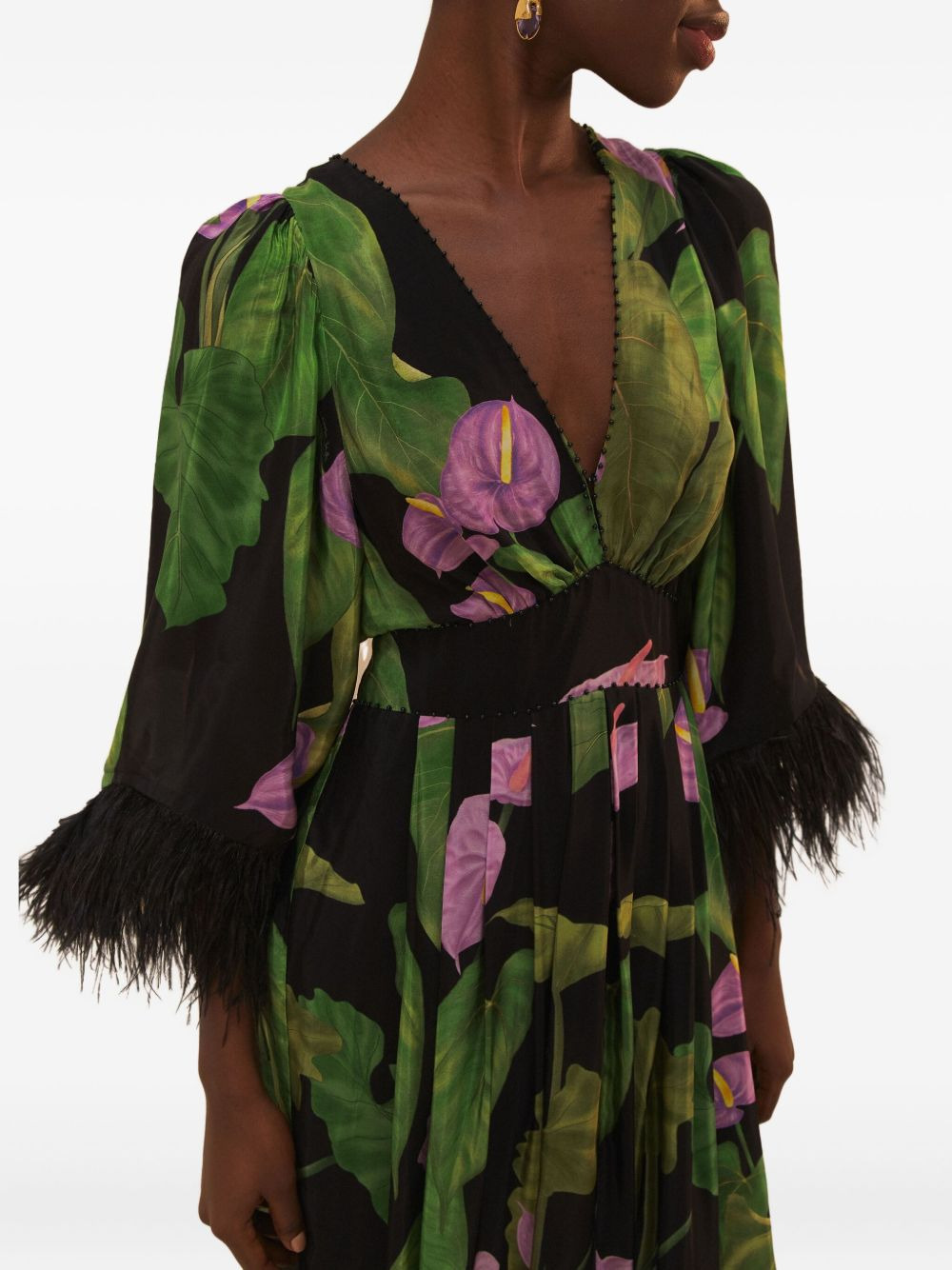 feather-trimmed floral-print maxi dress - 3