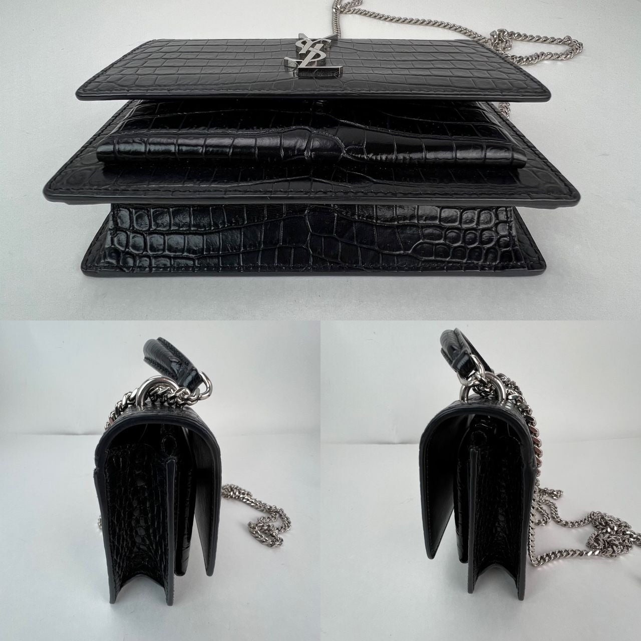 Saint Laurent Black Leather Sunset Wallet on a Chain Crocodile Embossed Bag - 5