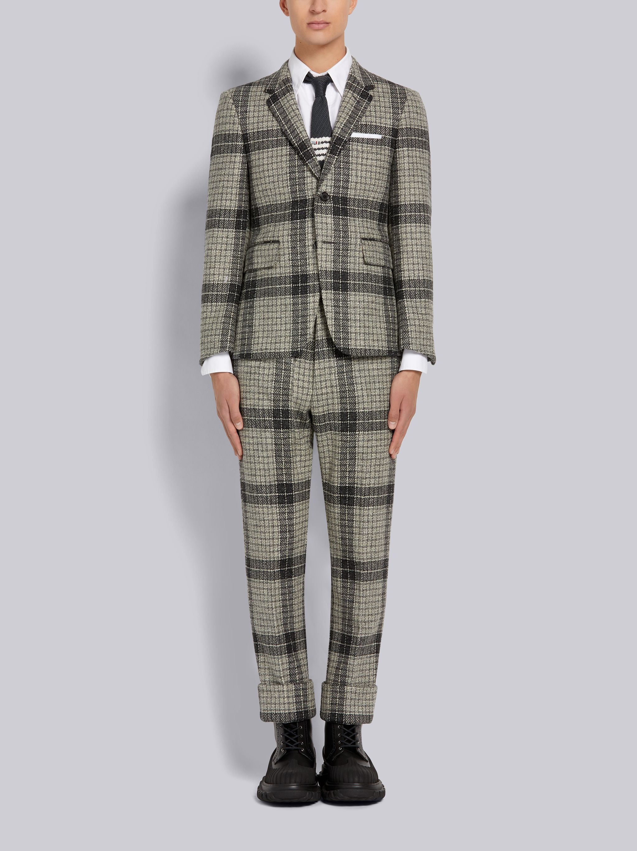 Medium Grey Grid Windowpane Check British Wool Classic Backstrap Trouser - 4