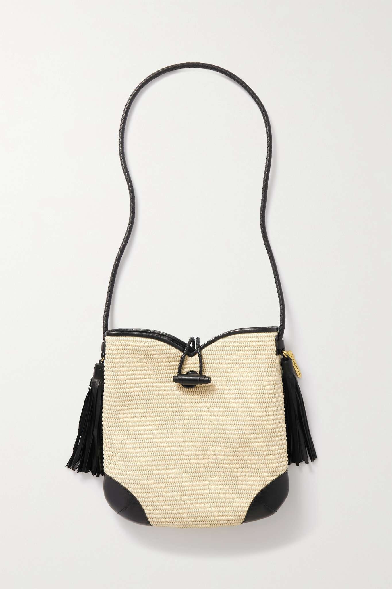 Tyag tasseled leather-trimmed woven raffia shoulder bag - 1