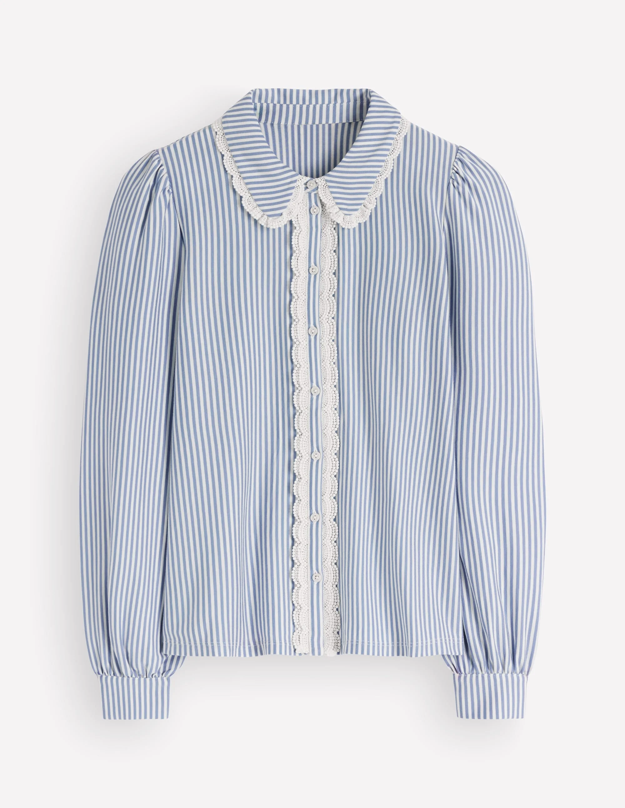 Lace Frill Blouse-Faded Denim and Ivory Stripe - 1