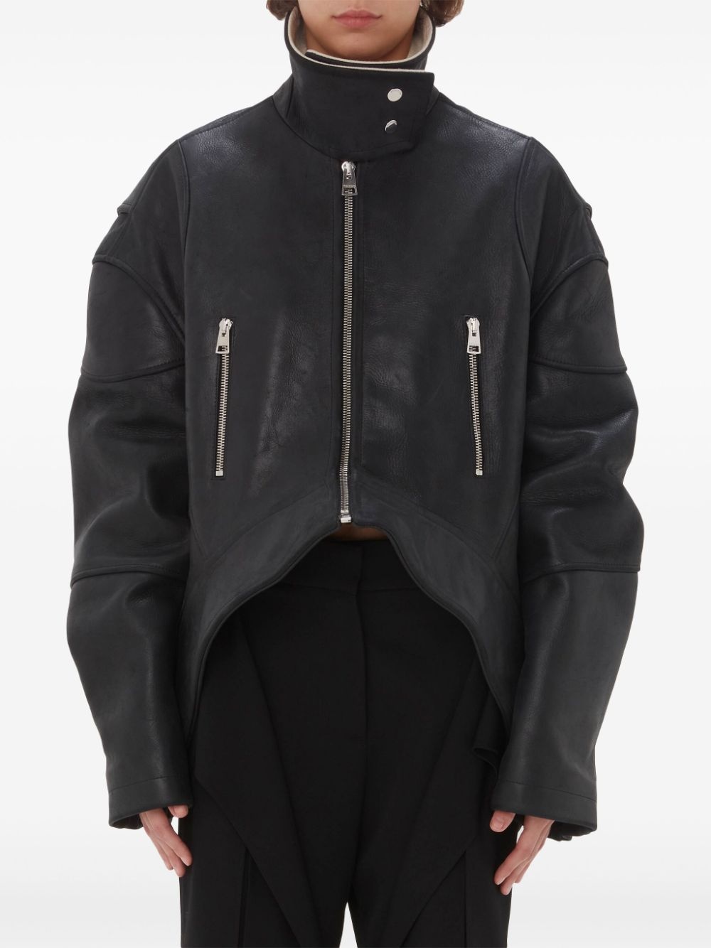 high-neck curved leather jacket - 3